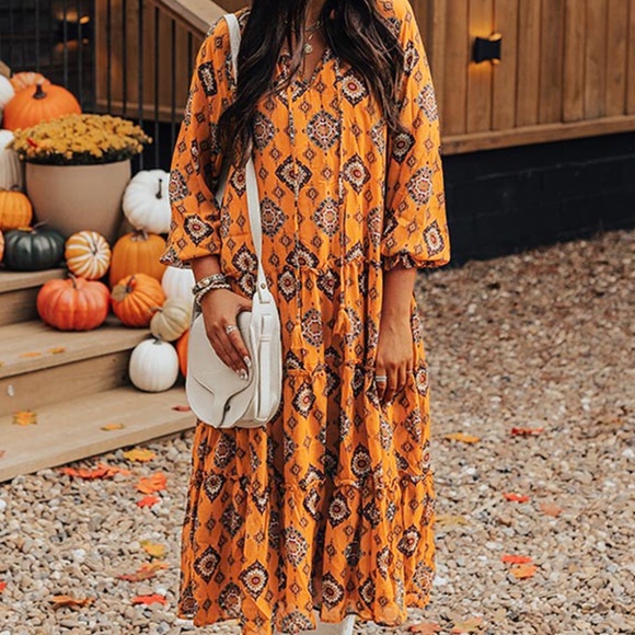 B186 Orange Western Geometric Print Tiered Frilled Loose Fit MIDI Dress - Picture 2 of 4